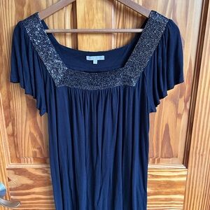 Navy Scoop Neck Top with Beaded Trim